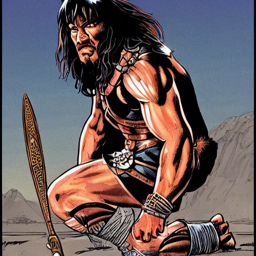 Prompt: a detailed illustration of conan the barbarian kneeling before an oriental idol marvel comics art style