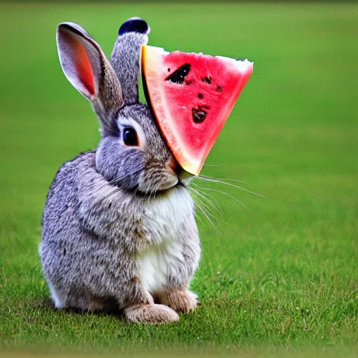 Prompt: a cute rabbit eating watermelon on the green meadow, style by roman shipunov