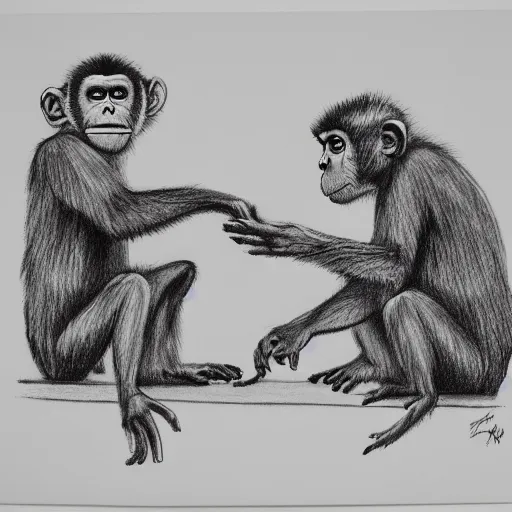 Prompt: a drawing of monkeys by allen williams.