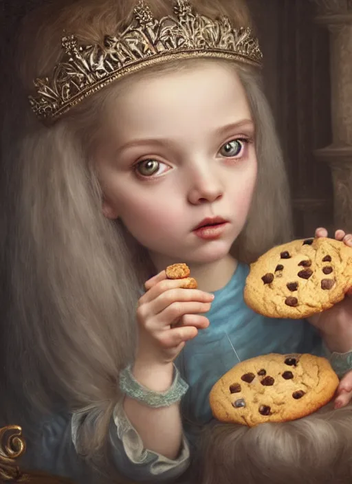 Image similar to highly detailed closeup portrait of a fairytale medieval princess eating cookies, unreal engine, nicoletta ceccoli, mark ryden, lostfish, earl norem, global illumination, god rays, detailed and intricate environment