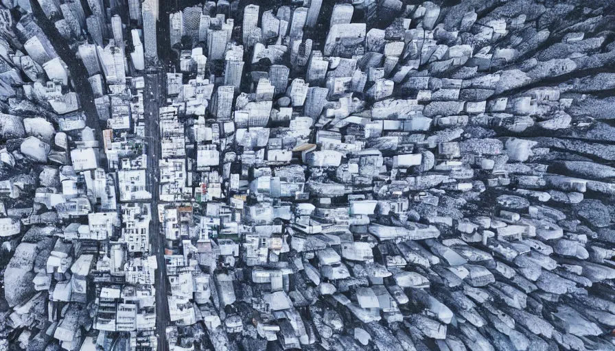 Image similar to the city of rio de janeiro covered in snow, winter photograph, snowing, aerial view, 4 k, award winning photograph, beautiful, trending on instagram