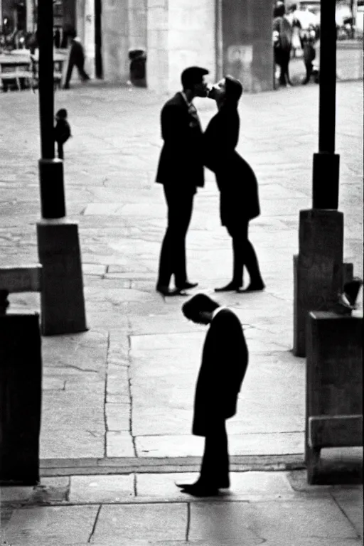 Image similar to street photo, couple of man and woman kiss on the background of the war, film photography, exposed b & w photography, christopher morris photography, bruce davidson photography, peter marlow photography