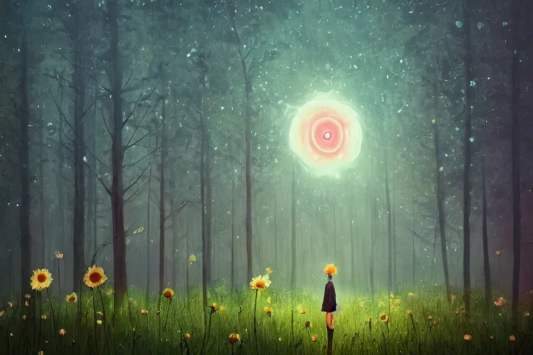 Image similar to giant daisy flower as face, girl standing in forest, surreal photography, dark night, stars, moon light, impressionist painting, clouds, digital painting, artstation, simon stalenhag