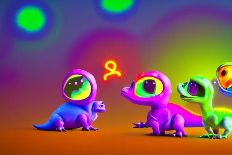 Image similar to pixar designed cute, smiling chibi style baby dinosaurs made entirely out of glowing electrified plasma, having fun inside a psychedelic realm made entirely out of love and acceptance and hypercolors. astral beings sharing love. renderman ray tracing