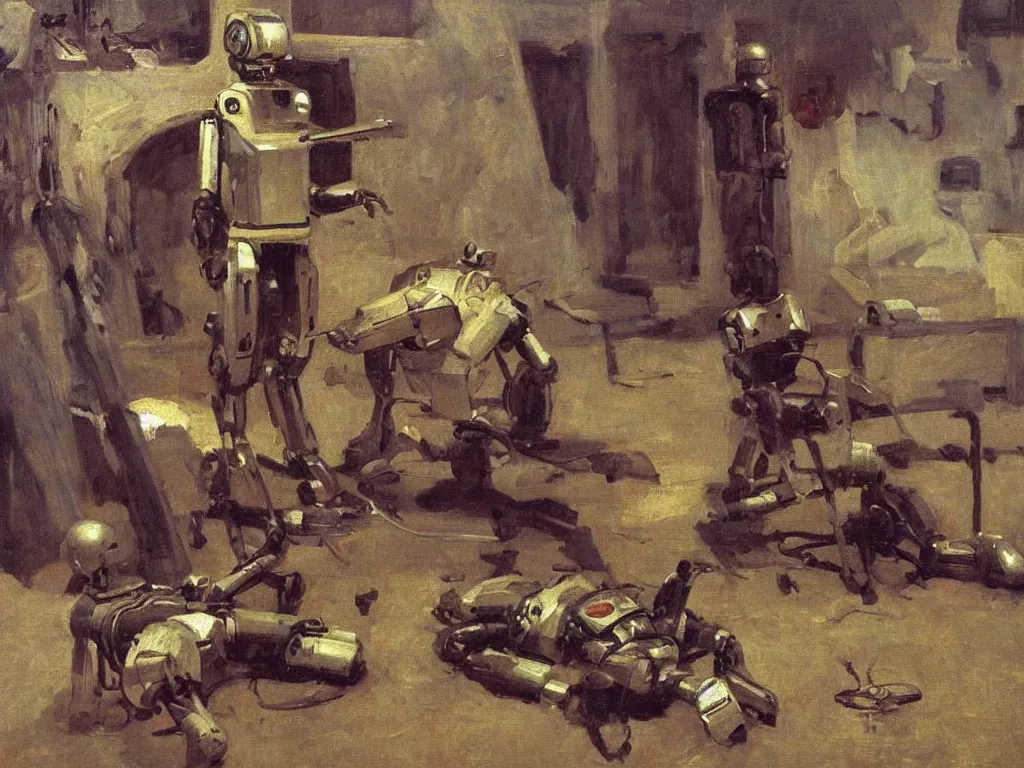 Prompt: a robot is killing a man, by Ilya Efimovich Repin.