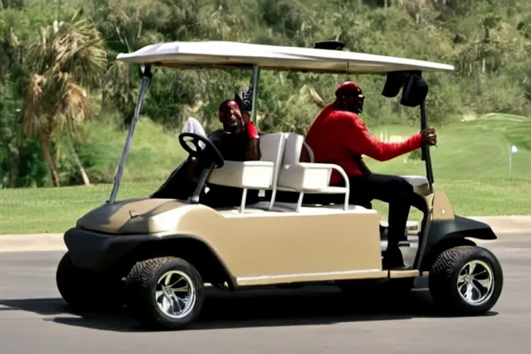 Image similar to dennis rodman driving a golf cart, movie still, from the new gone in 6 0 seconds movie, 8 k, hd, cinematic lighting