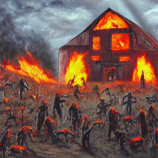 Image similar to burning barn with zombies 4k oil painting