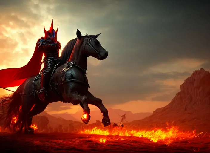 Prompt: hell knight riding a horse into battle, highly detailed, 4 k, hdr, award - winning, unreal engine 5, artstation