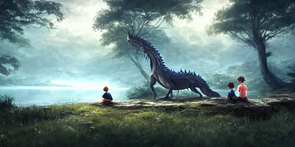 Image similar to a big silver dragon and a boy sitting next to lake in forest, many fireflys, at night, concept art, dof, cryengine, digital art, detailed background, makoto shinkai