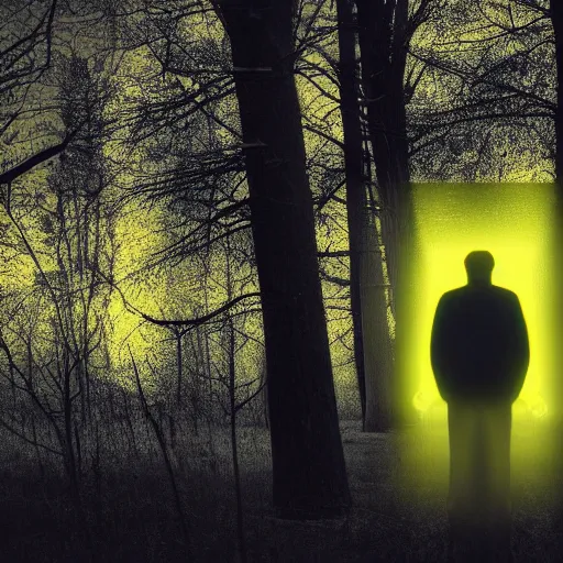 Image similar to man in a luminous yellow [ liminal space ]!!, 4 k photorealism, horror - esque, eerie atmosphere, dark - bright lighting