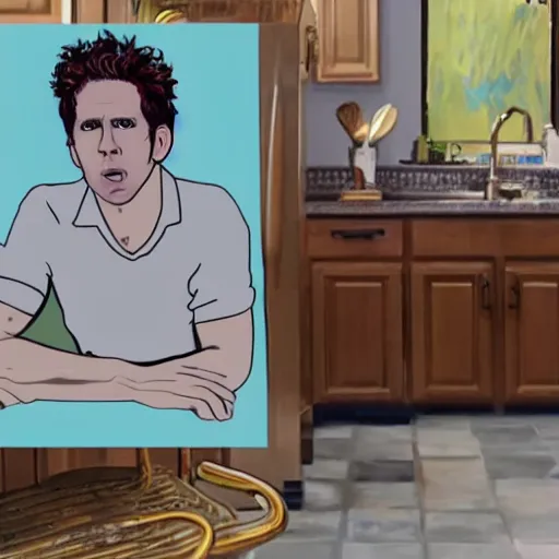 Prompt: a golden god, dennis reynolds, sitting in a throne in a kitchen in the style of van gogh