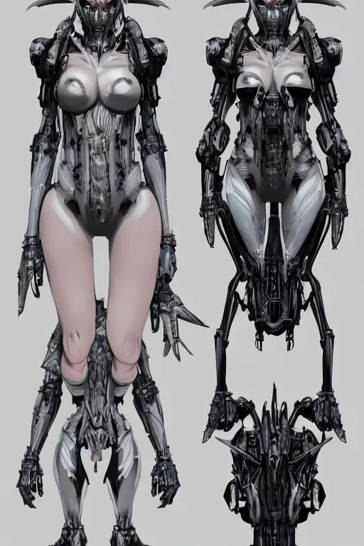 Prompt: very symmetrical!! video game assets, mecha succubus with gunmetal grey skin, medical muscle anatomy, cyberpunk face, highly detailed, anime mecha aesthetic, cable wire implants, three - view reference sheet ( front / back / side ), in the style of dan ouellette, dren from splice, hr giger, artstation, unreal engine