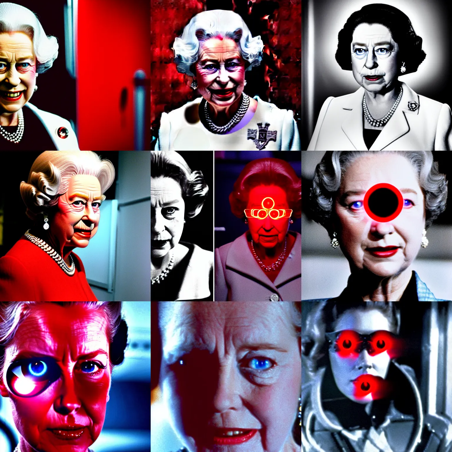 Prompt: elizabeth ii as the terminator. movie still. red glowing eye. t 1 0 0 0, cinematic lighting.