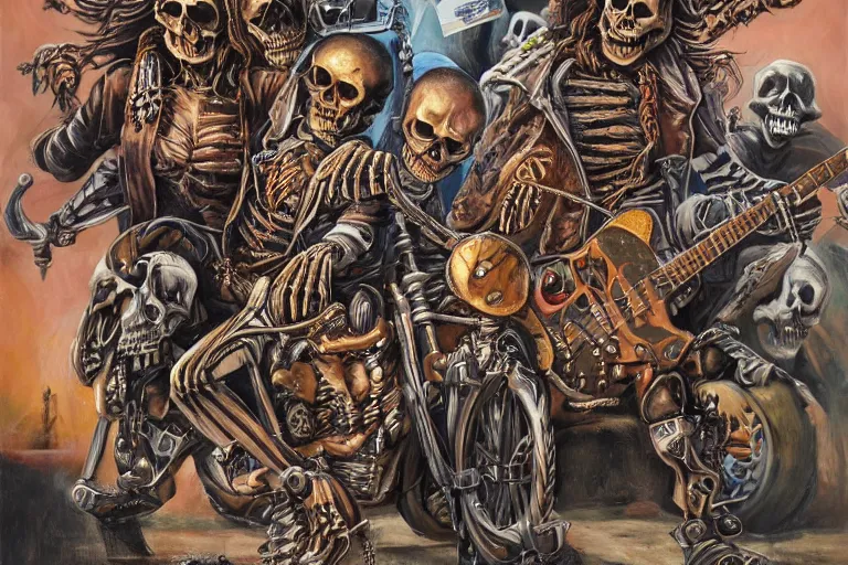 Image similar to skeleton heavy metal band live at coachella, art by danny flynn and simon bisley, trending on artstation, halfrear, oil and canvas, very very intricate, socialist realism