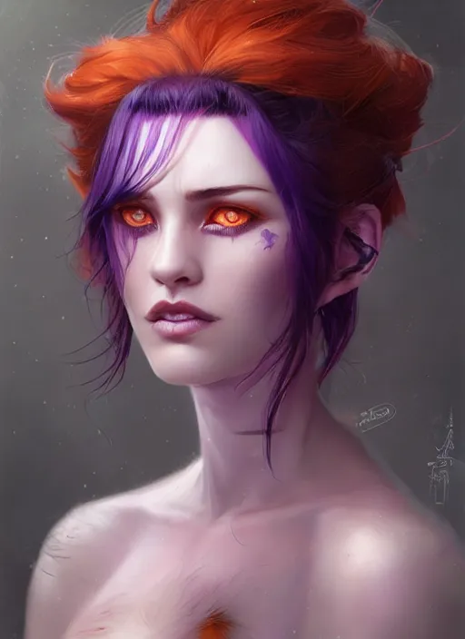 Image similar to a detailed facial portrait of a female nekomata with purple hair and orange eyes, a beautiful face, mutation, by tom bagshaw, by artgerm, by wlop, by dorian cleavenger, trending on artstation