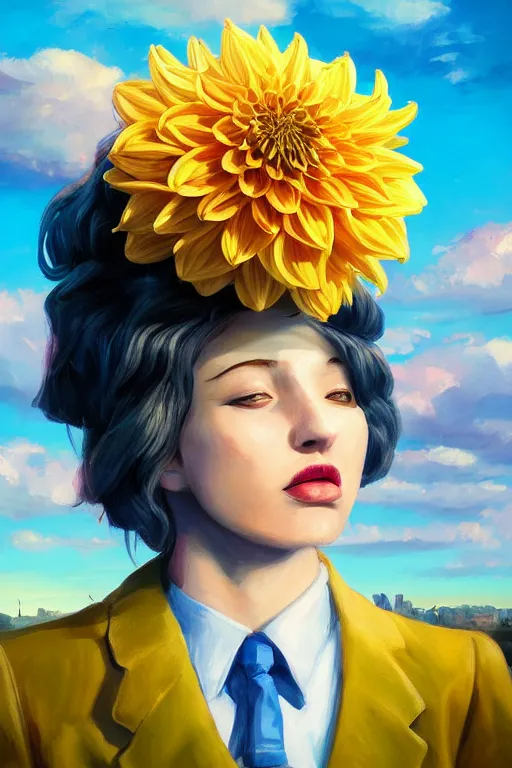 Image similar to closeup giant dahlia flower head, girl in a suit, street, surreal photography, blue sky, sunrise, dramatic light, impressionist painting, digital painting, artstation, simon stalenhag