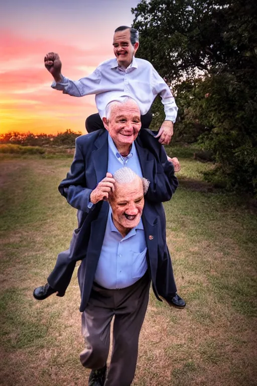 Image similar to elderly man carrying ted cruz piggyback, 8 k, award winning photograph, portrait, detailed faces, sunset in background, highly - detailed