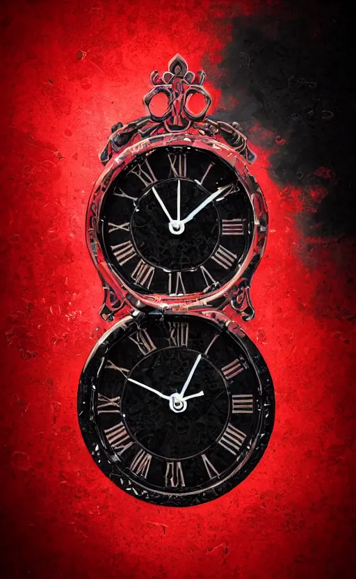 Image similar to a melting Roman numeral clock, behind a red and black gradient background, awith a black heart shaped on the top left corner and a black diamond card shape in the bottom right corner, dynamic lighting, photorealistic fantasy concept art, trending on art station, stunning visuals, cinematic, creative, ultra detailed