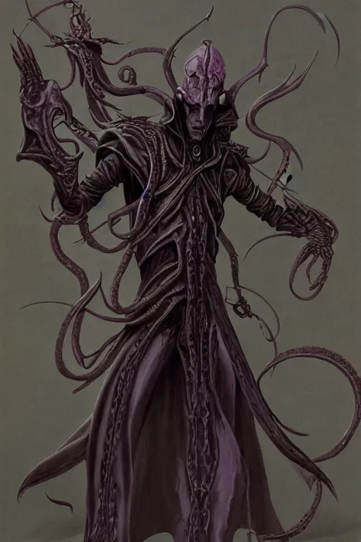 Image similar to full body photo of a cenobite lich illithid drow dark elf sorceror necromancer leather by wayne barlowe