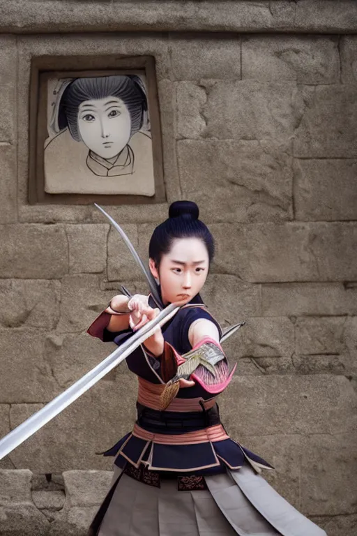 Image similar to highly detailed beautiful photo of a young female samurai, practising sword stances in a ancient temple, symmetrical face, beautiful eyes, realistic anime art style, 8 k, award winning photo, pastels colours, action photography, 1 / 1 2 5 shutter speed, sunrise lighting