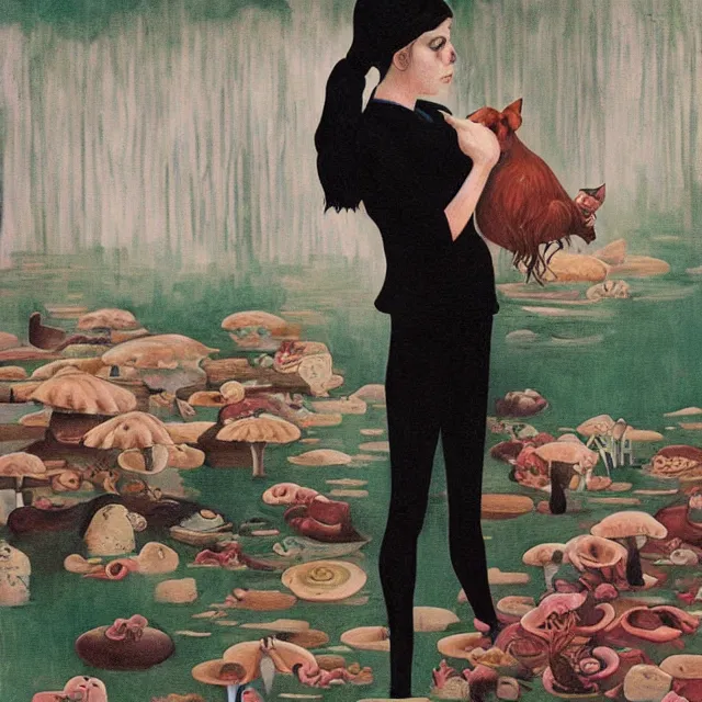 Image similar to tall female emo artist holding a pig in her flooded apartment, mushrooms, octopus, water gushing from ceiling, painting of flood waters inside an artist's apartment, a river flooding indoors, pomegranates, pigs, ikebana, zen, river, rapids, waterfall, black swans, canoe, berries, acrylic on canvas, surrealist, by magritte and monet