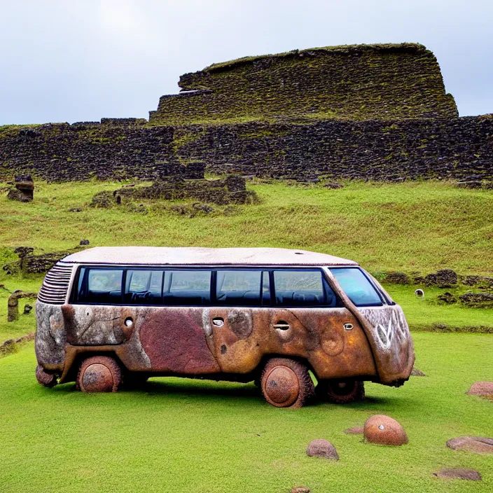 Image similar to ancient vw bus made of stone on the besch, moai from rapa nui style