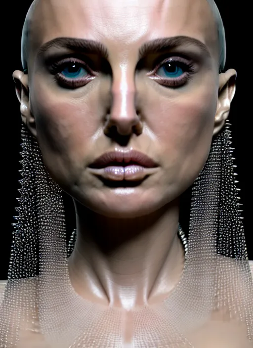 Prompt: bust of an absurdly beautiful, graceful, sophisticated, fashionable futuristic woman, facial piercings, natalie portman, heavy body modification, prosthetic implants, hyperdetailed by popovy sisters, intricate linework, white porcelain skin, faberge, intricate chrome headdress, dark atmosphere, unreal engine 5 highly rendered, global illumination, radiant light, detailed and intricate environment
