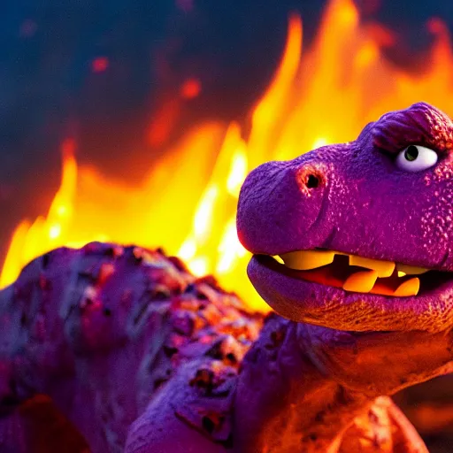 Image similar to Barney the dinosaur gets burned alive from lava coming down a volcano. pain is in his eyes