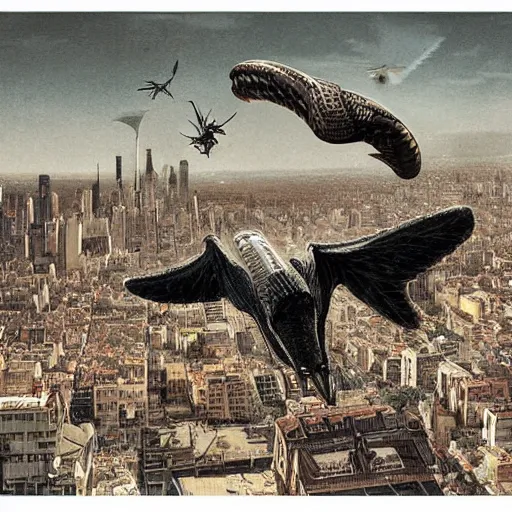 Prompt: A beautiful print of a large, flying, robotic creature swooping down over a cityscape. The creature has a long, snake-like body with large, razor-sharp wings. It is attacking a group of people who are running in terror. by Frits Van den Berghe terrifying