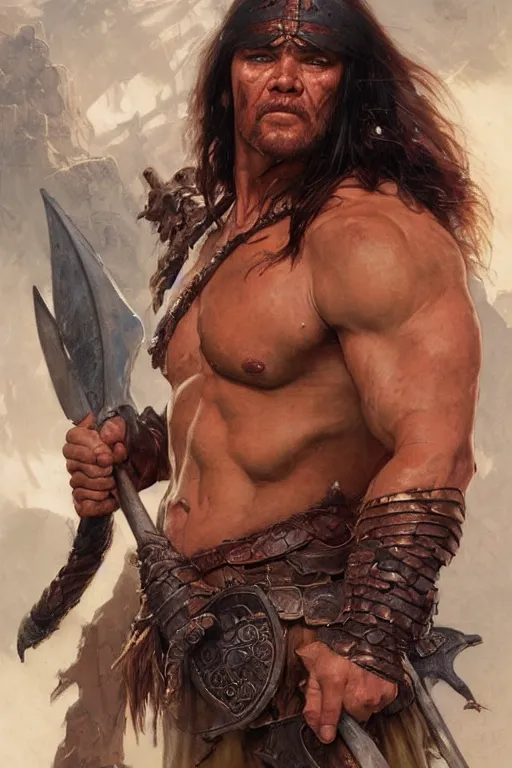 Image similar to Conan the Barbarian portrait by Stanley Artgerm Lau, greg rutkowski, thomas kindkade, alphonse mucha, loish, norman Rockwell