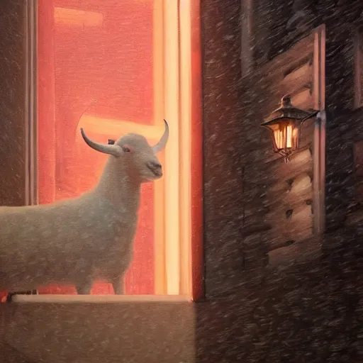 Prompt: Elle Fanning standing next to a goat in the world of Edward Hopper, stormy snowy weather, streetlights, extremely detailed masterpiece, oil on canvas, low-key neon lighting, artstation, Blade Runner 2049, Roger Deakin’s cinematography, by J. C. Leyendecker and Peter Paul Rubens,