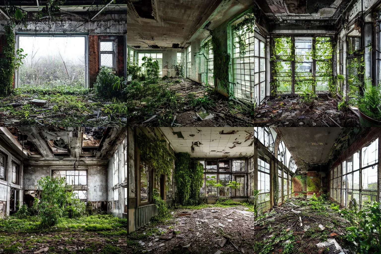 Prompt: Inside an abandoned building with plants, overcast