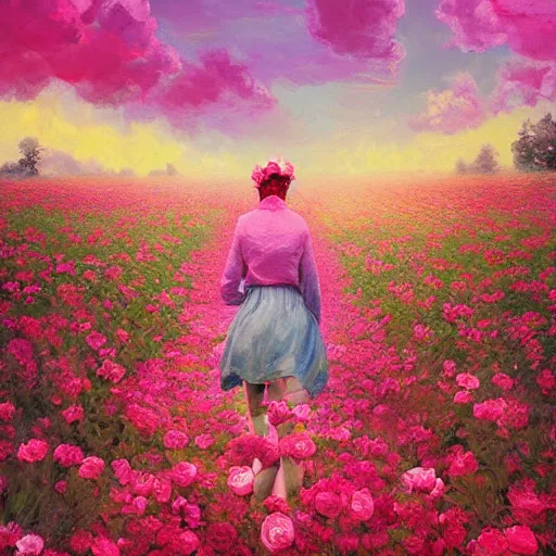 Image similar to large rose as a head, girl walking in a flower field, surreal photography, sunrise dramatic light, impressionist painting, colorful clouds, digital painting, artstation, simon stalenhag