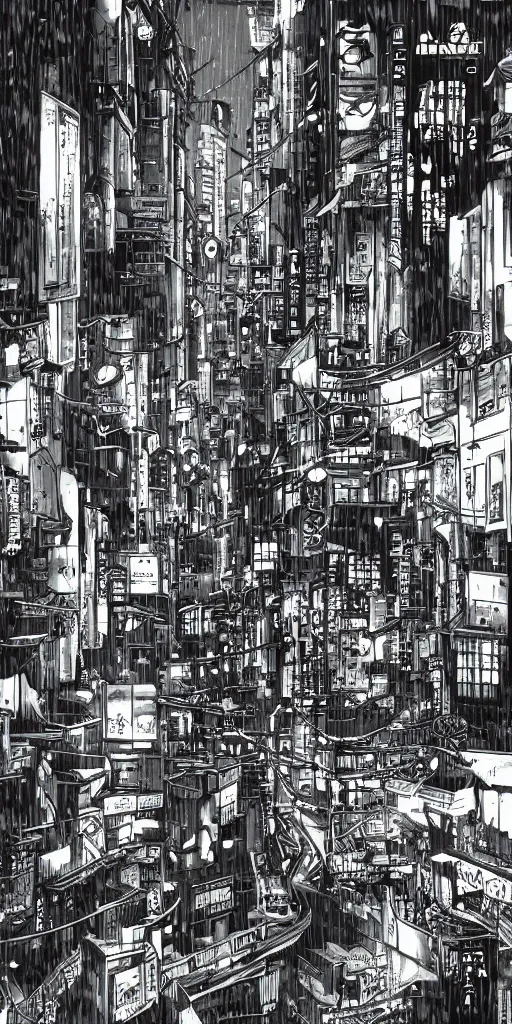 Image similar to manga illustration of poor cyberpunk city, rainy weather, highly detailed,