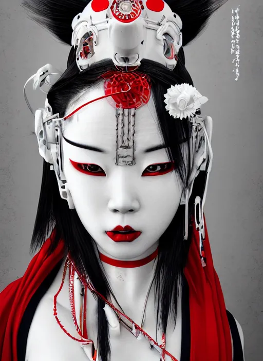 Prompt: cyborg albino maiko scary, realistic, fluent composition, red white and black, concept art, ambient light, 4 k, intricate details, highly professionally detailed, cgsociety, highly detailed -