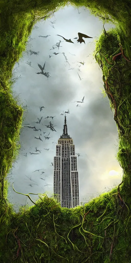 Prompt: an epic view of vines and moss growing on the empire state building, moss, jungle, with pterosaurs flying, close - up, low angle, wide angle, atmospheric, volumetric lighting, cinematic, 8 k, very realistic, highly detailed digital art, painted by tyler edlin