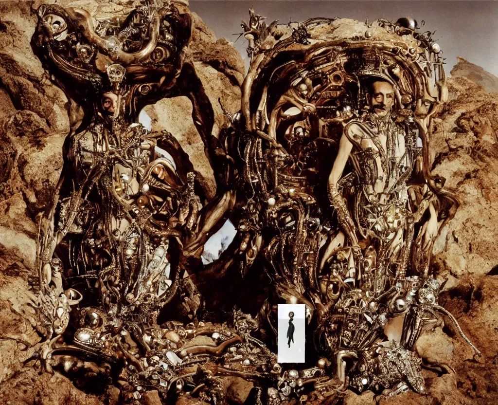 Image similar to portrait of salvador dali wearing a crown and costume with jewels in a dry rocky desert landscape, alien spaceship by giger, film still from the movie by alejandro jodorowsky with cinematogrophy of christopher doyle and art direction by hans giger, anamorphic lens, kodakchrome, very detailed photo, 8 k