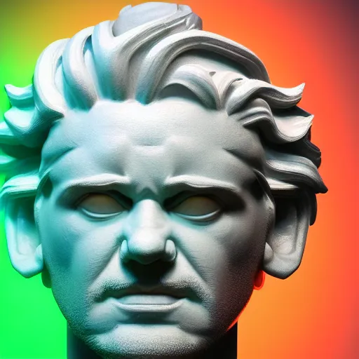 Prompt: sci - fi cgartist wide shot anaglyph ambient occlusion rendering of a hyper realistic marble greek statuary regal god head resembling guy fieri glowing with embedded vaporwave leds product photo high key colored lighting, trending on artstation volumetric lighting