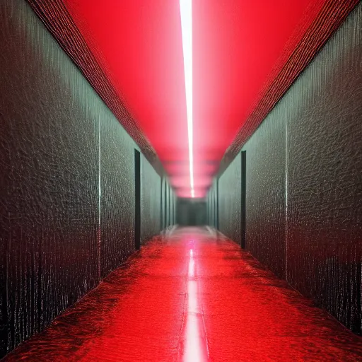 Image similar to photograph of an extremely dark narrow hallway with glowing humanoid cryptid made out of television static, dark deep black shadows, red and black color contrast in the style of trevor henderson, liminal space, 3 d octane render, glitch effect