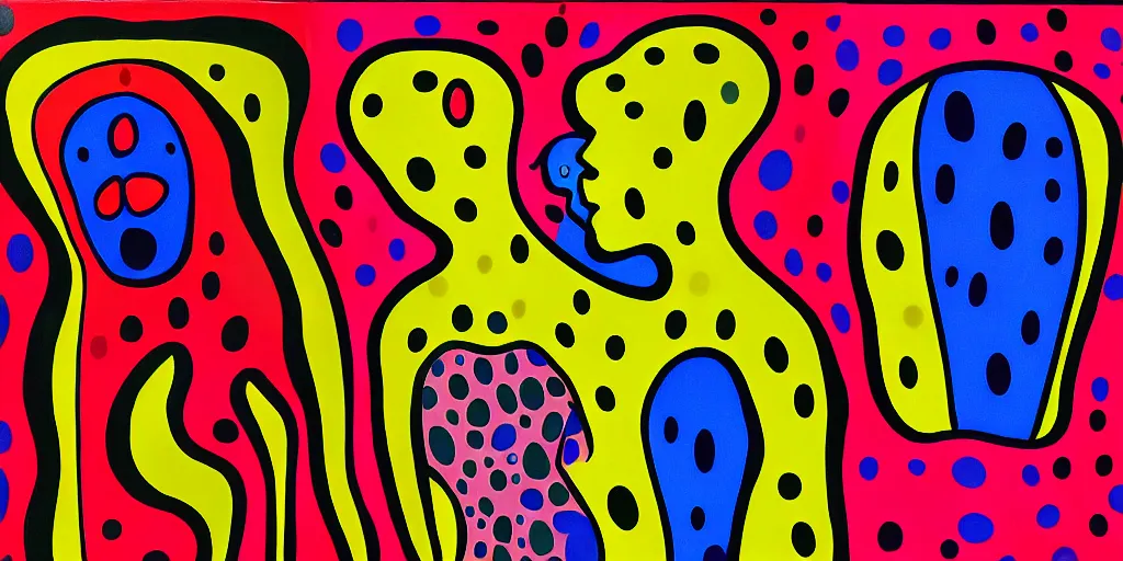 Image similar to a man being overcome by love, psychedelic dripping colors, detailed painting by painting by man ray and pablo amaringo yayoi kusama