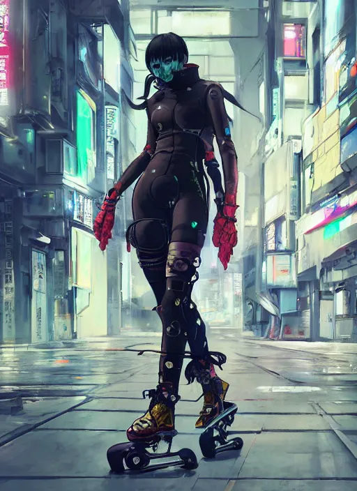 Image similar to hyper - realistic cyberpunk anime woman wearing inline skate, tokyo street, extreme detail, good face, model, concept art, in style of yoji shinkawa, pan ren wei, col price, atey ghailan, by greg rutkowski, aesthetic