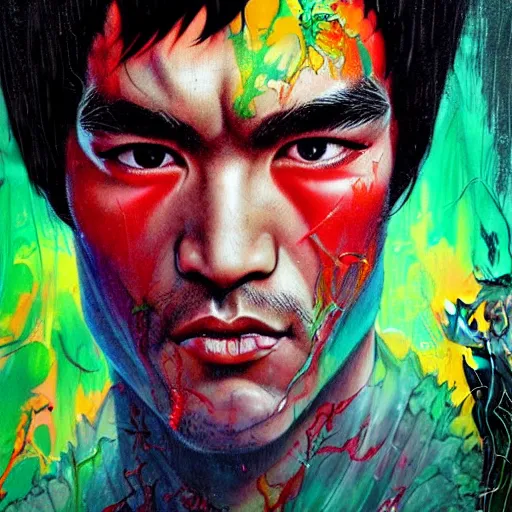 Prompt: a demon slayer portrait of bruce lee, tall, pale - skinned, and slender with lime green eyes and long eyelashes by stanley artgerm, tom bagshaw, arthur adams, carne griffiths, trending on deviant art, street art, face enhance, chillwave, maximalist, full of color, glittering