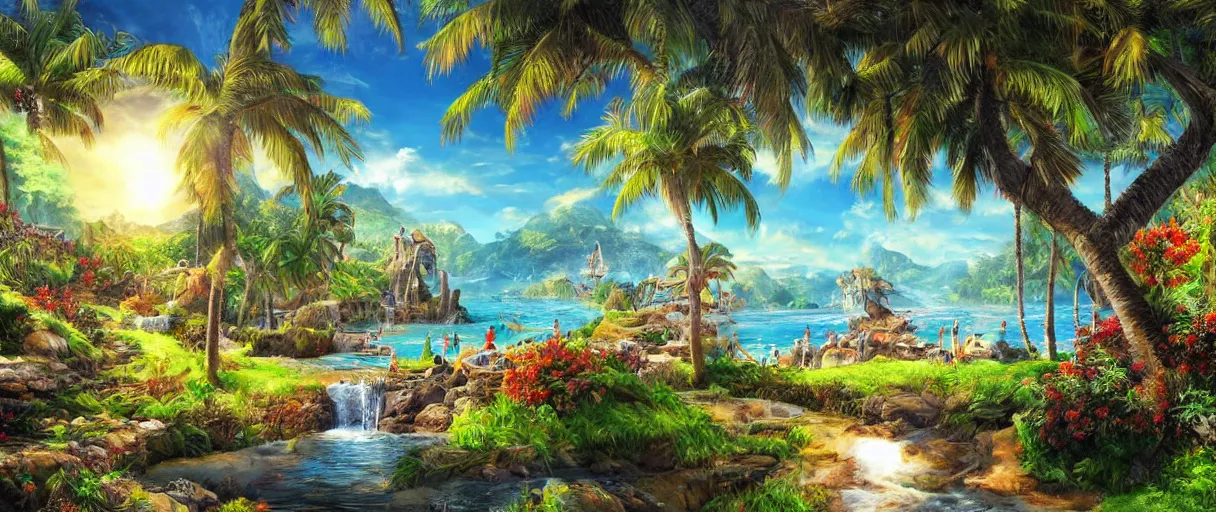 Prompt: Paradise, sunny, photorealistic, masterpiece, award winning landscape photo, holy grail, hyperdetailed