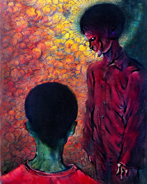 Image similar to 8k professional photo of an 8 years enlightened boy standing in front of a computer from 90s monitor screen, Beksinski impasto painting, part by Adrian Ghenie and Gerhard Richter. art by Takato Yamamoto, masterpiece by Francis Bacon