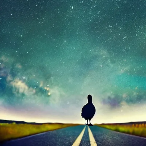 Image similar to a duck, walking on the road, looking up at the sky, milky way, starry sky, art station trend, close - up view