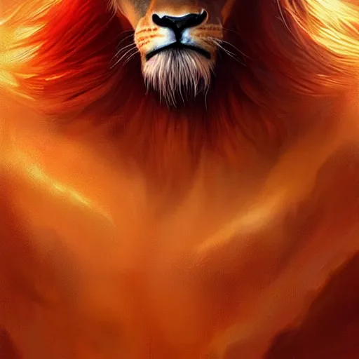 Prompt: a giant red lion,with a mane made of golden chains,Character design by charlie bowater, ross tran, artgerm, and makoto shinkai, detailed, inked, western comic book art, 2021 award winning painting,digital art,ultra realistic,ultra detailed,art by greg rutkowski,detailed face,glorious,hyperdetailed,photorealistic,deviantart,artstation