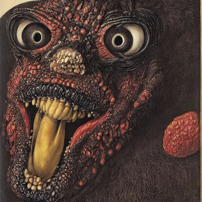 Image similar to close up portrait of a mutant monster creature with giant flaming protruding eyes bulging out of their eye sockets, exotic black orchid - like mouth, insect antennae by jan van eyck, walton ford