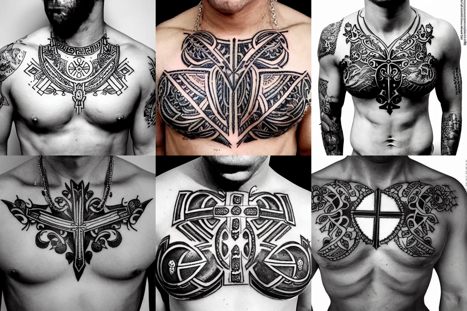 Prompt: Black and white sketch, cross hatch, chest tattoo jewels ornate opulent