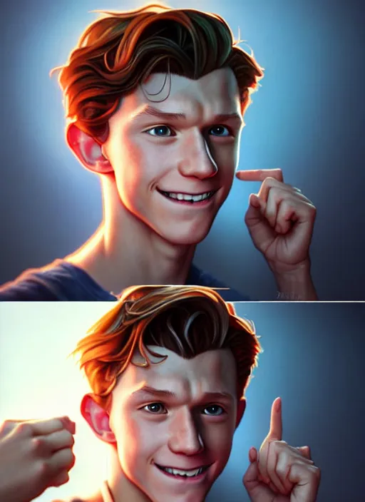 Image similar to cute tom holland, natural lighting, path traced, highly detailed, high quality, digital painting, by don bluth and ross tran and studio ghibli and alphonse mucha, artgerm