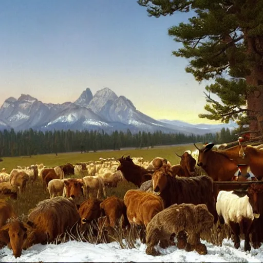 Image similar to an extremely detailed matte painting of a rancher feeding the animals at sunrise on the first day of spring, huge rocky mountains in the background, tall rancher wearing a cowboy hat, dogs, cows, sheep, chickens, ducks, 4 k, ranch the morning after a light snowfall, by bob ross and norman rockwell